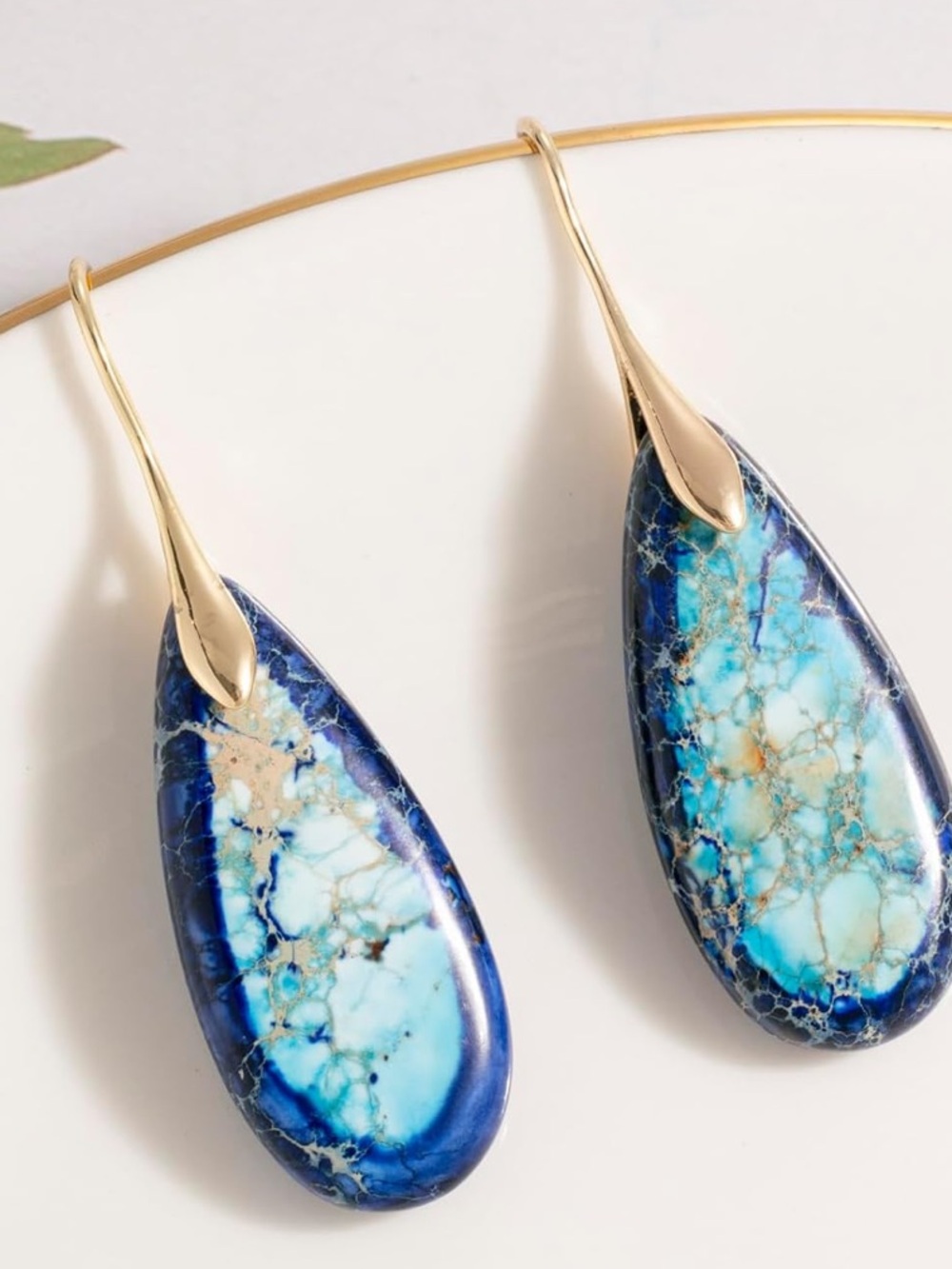 Anthropologie Gold Drop Earrings with Blue and Teal Stone - Picture 3 of 5